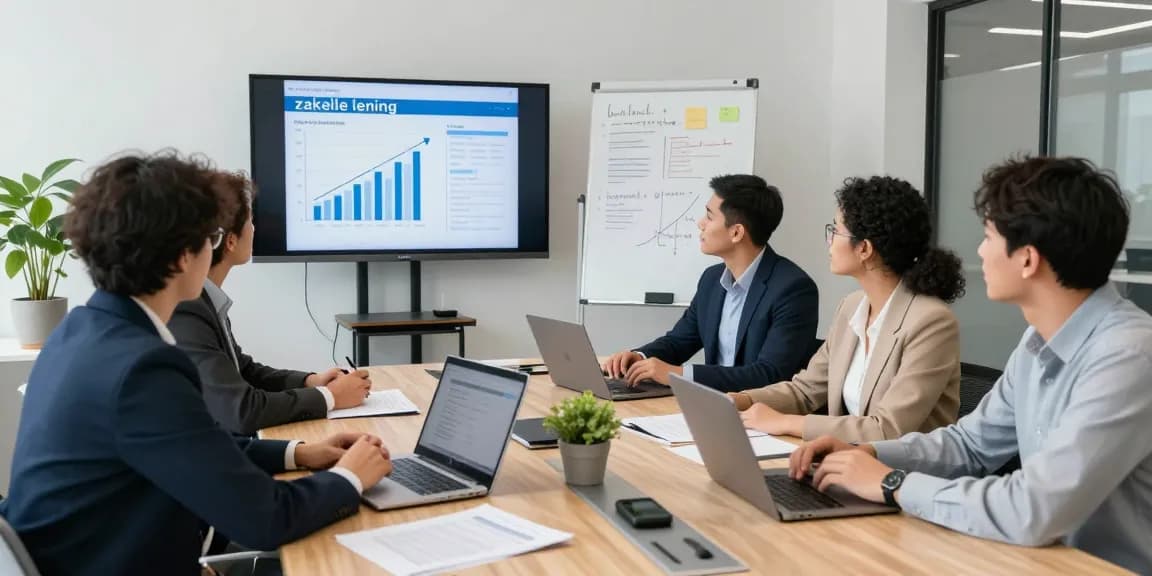 Professionals die zakelijke lening opties bespreken in een moderne kantooromgeving met documenten en laptops.