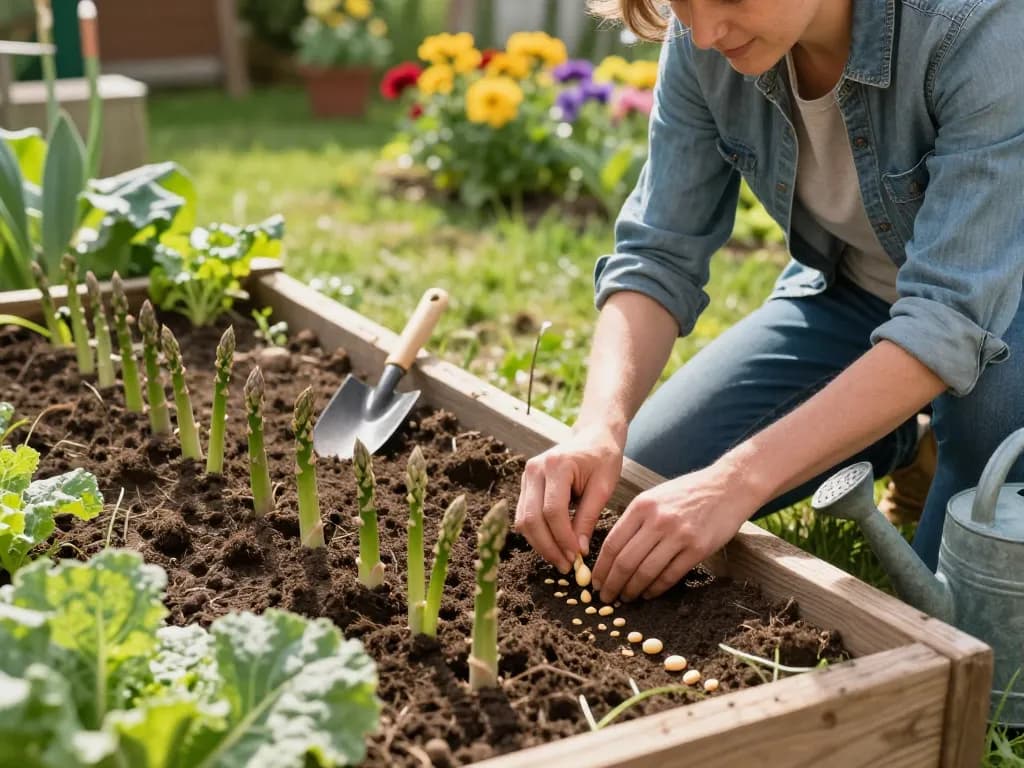 Groene asperges zaaien in a spring garden with a gardener, showcasing growth and nurturing.