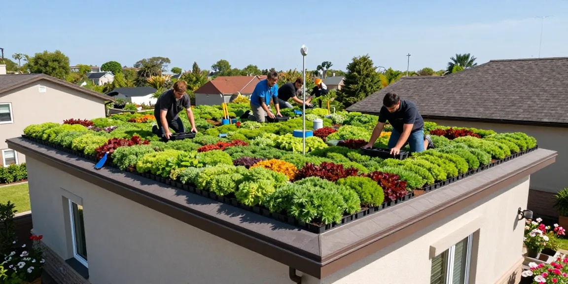 Installatie van sedum daken op een zonnig dak, met levendige groenvoorzieningen en tuingereedschap.