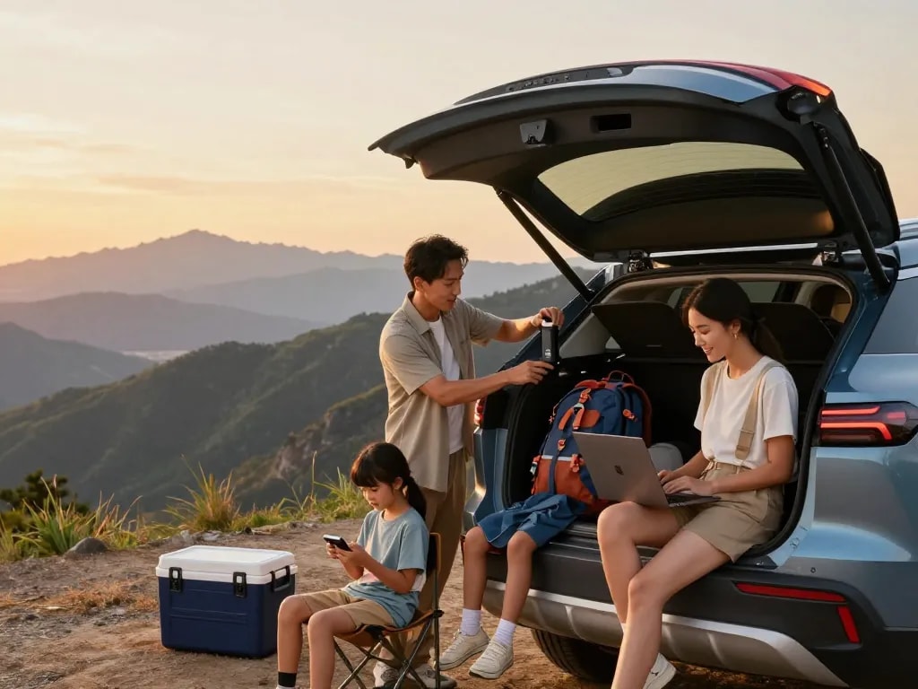 Gezin dat een omvormer gebruikt in een SUV tijdens een schilderachtige road trip, terwijl ze apparaten opladen en samen van het avontuur genieten.