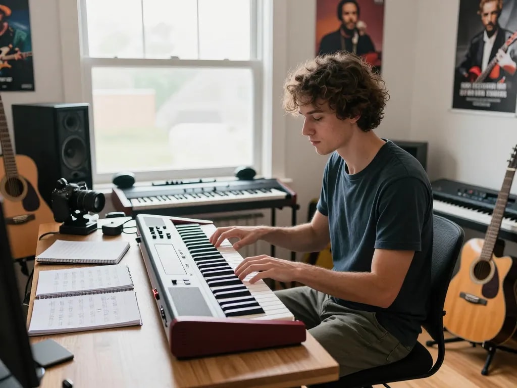 Creative musician playing VK88 organ in a vibrant home studio.