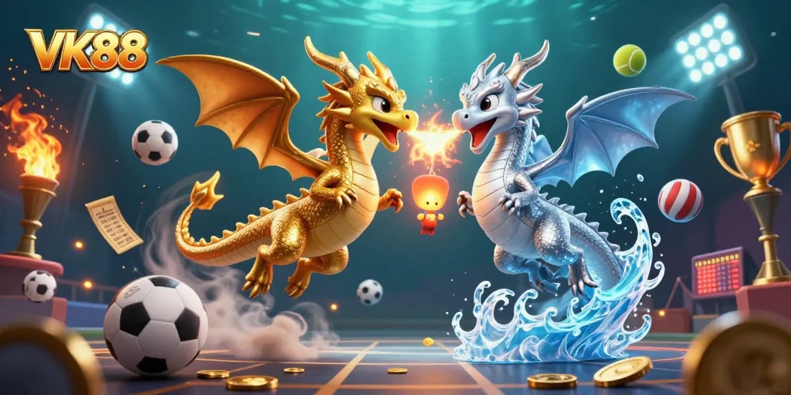 Experience thrilling gaming action at VK88 with gold and silver dragons amidst sports elements.