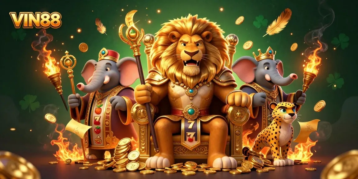 Experience thrilling gaming at VIN88 with a vibrant illustration of slot machines and winning moments.