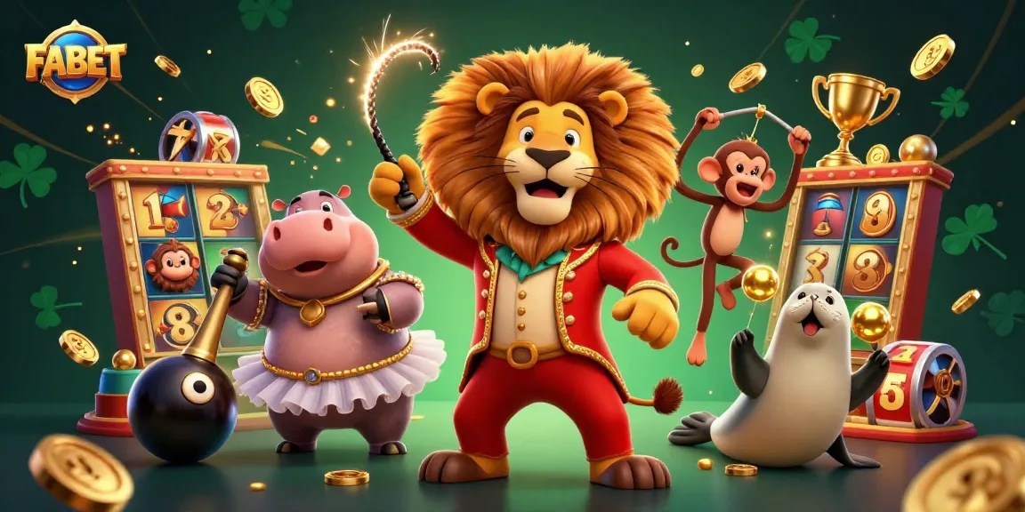 Experience dynamic FABET gameplay with a colorful circus-themed casino illustration featuring vibrant characters and game elements.