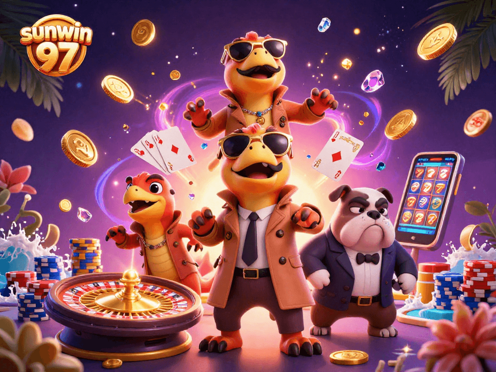 Experience the thrill at sunwin 97 with raptors sneaking into a casino; a playful scene filled with gaming elements.
