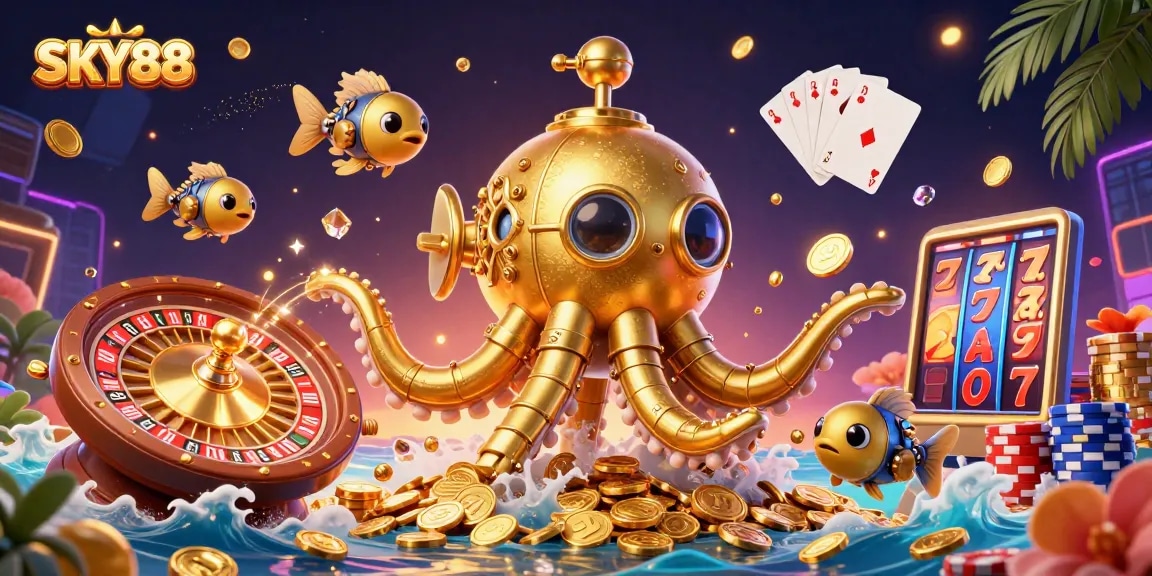 Engage with SKY88's vibrant online casino adventure featuring a golden kraken submarine among sparkling treasures.