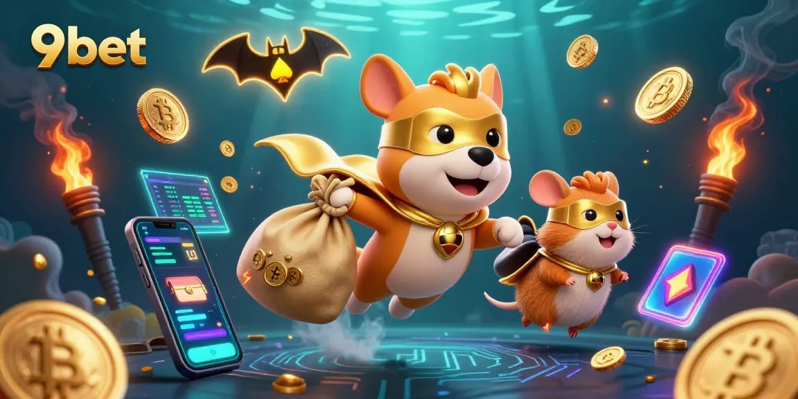 Engage in exciting games at 9bet with a superhero dog and vibrant casino elements!