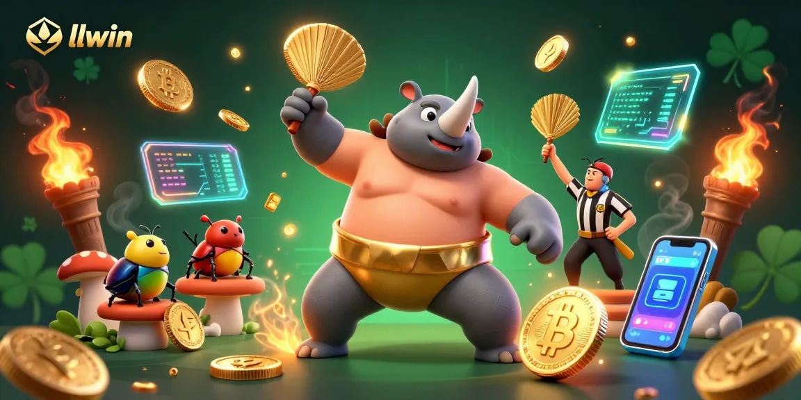 Experience llwin's vibrant casino environment with the beetle champion celebrating wins amidst golden coins.