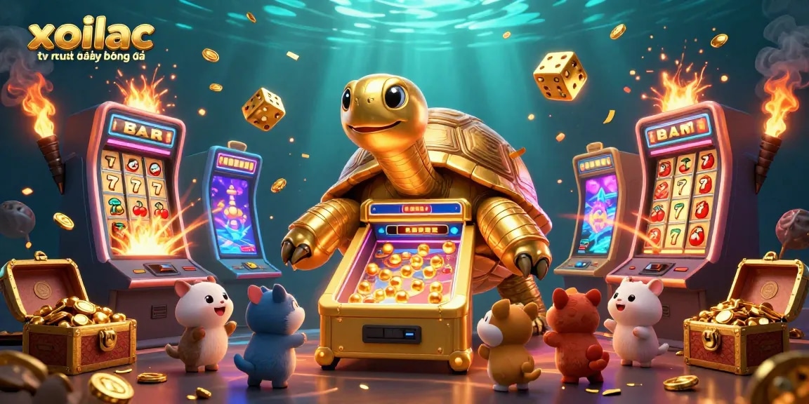 Xoilac tv trực tiếp bóng đá showcases a thrilling 3D scene with golden tortoise pinball and vibrant casino elements.