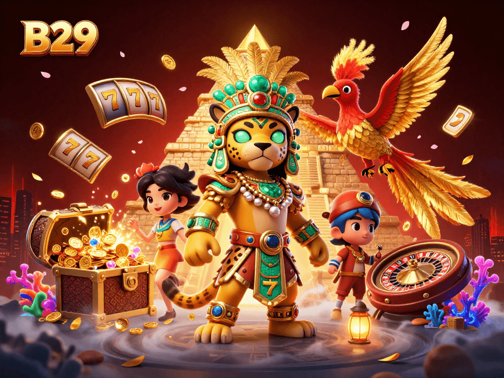 B29 players spin slots with excitement, featuring vibrant 3D casino elements and dynamic characters.