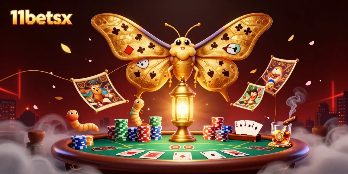 Engage with thrilling 11betsx casino action featuring a vibrant moth, poker elements, and immersive gaming ambiance.