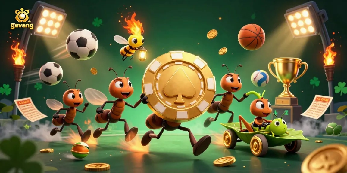 Gavang showcases a dynamic cartoon heist of ants with a giant poker chip amidst sports betting elements.