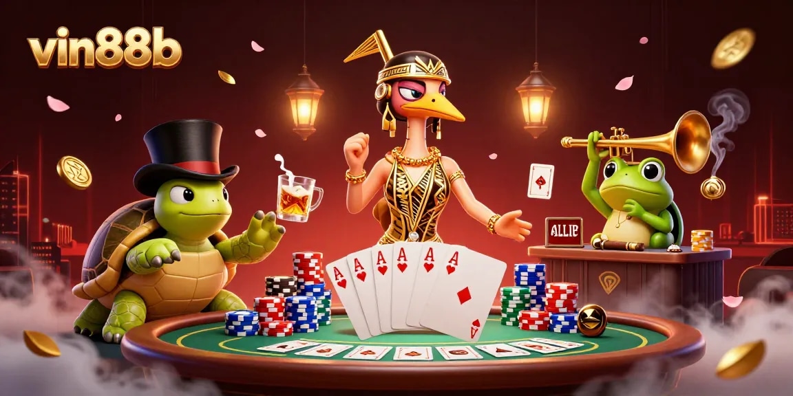 Engage with vin88b's vibrant casino atmosphere filled with dynamic poker elements and lively characters.
