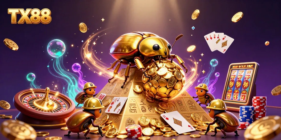 TX88 features a dynamic scene with golden dung beetles, shimmering coins, and casino elements.