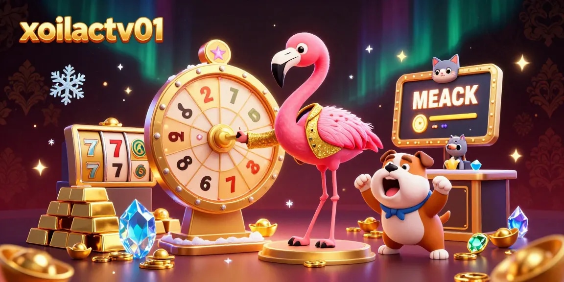 Experience the excitement of gambling with xoilactv01's vibrant 3D illustration of game show fun and casino elements.