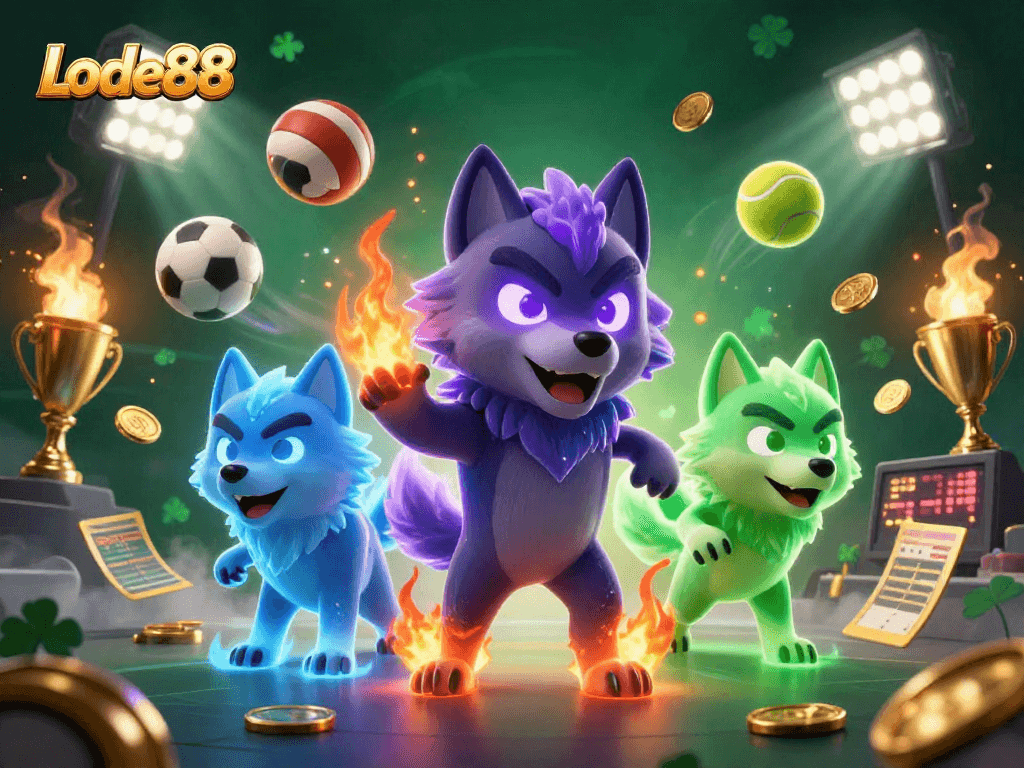 Lode88 features a packed casino scene with a spectral wolf leader and dynamic sports betting elements.