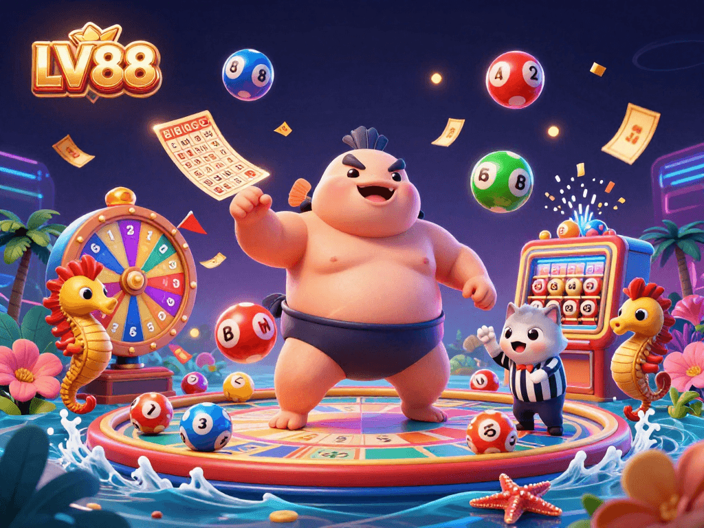 Experience thrilling moments at LV88 with lively seahorses and colorful lottery balls in a vibrant 3D casino scene.