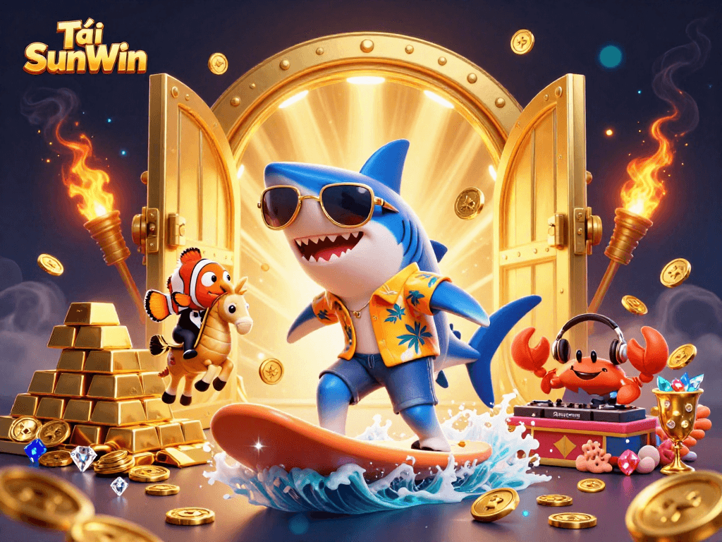 Engage in thrilling gameplay with Tải SunWin, featuring vibrant 3D characters, gold coins, and casino excitement.