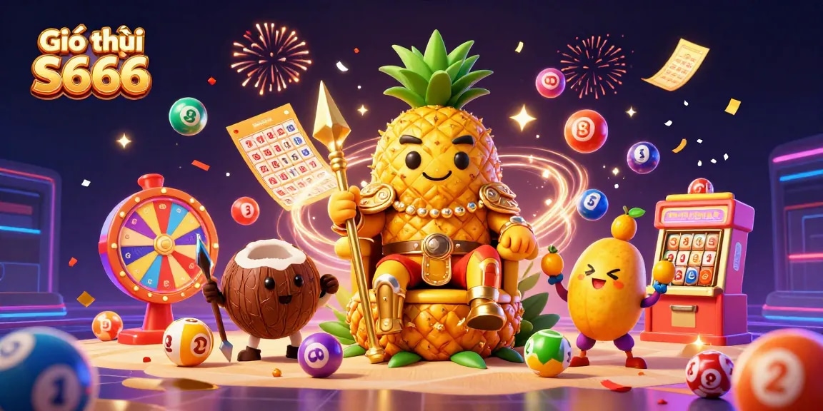 Giới thiệu S666 in a vibrant online casino scene featuring a golden pineapple king and dynamic lottery elements.