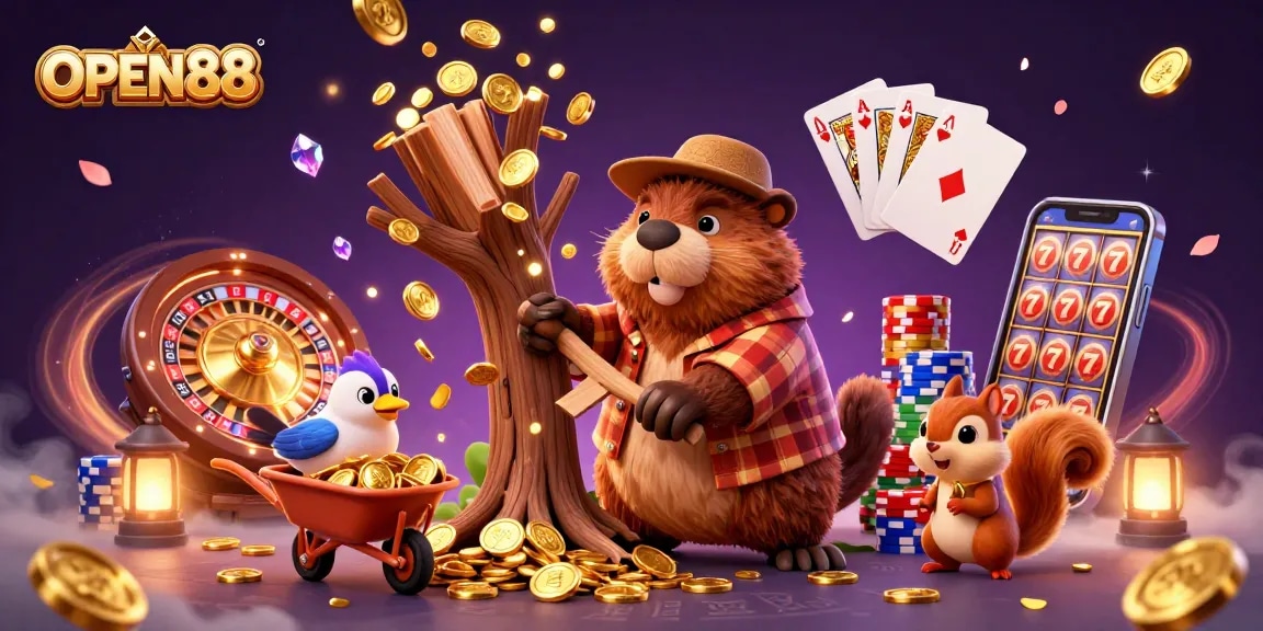 Experience the excitement of OPEN88 with a vibrant 3D scene of winning symbols like coins and cards.