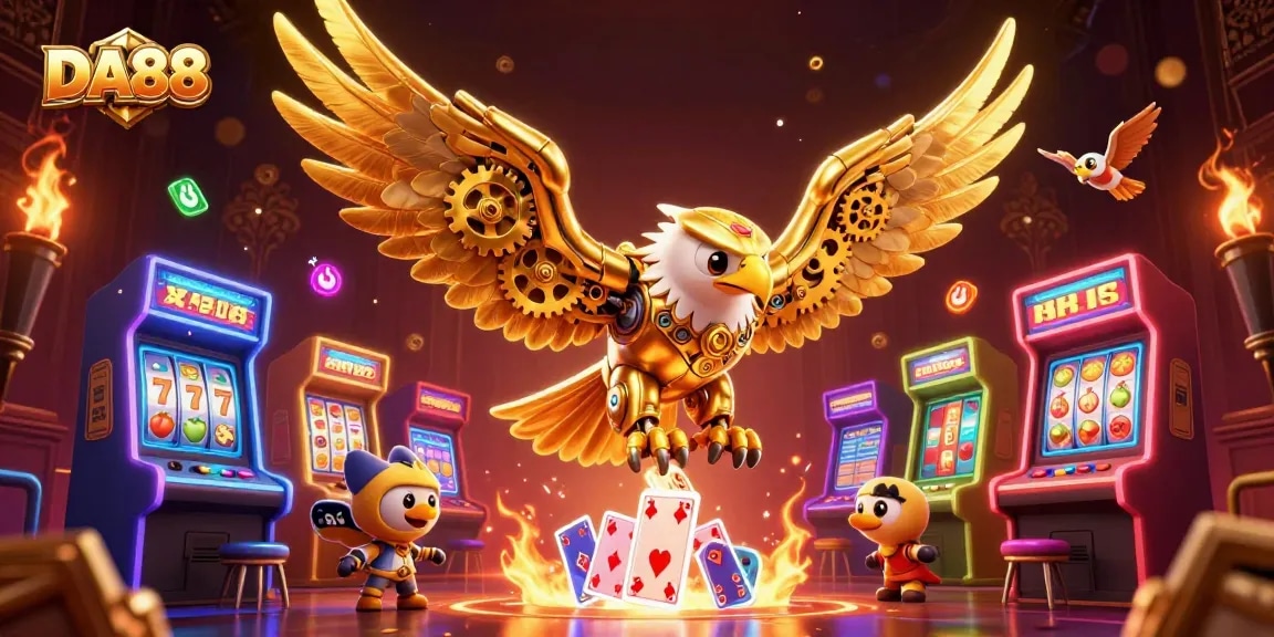 DA88 illustrates a cybernetic eagle diving through holographic playing cards with vibrant casino elements.