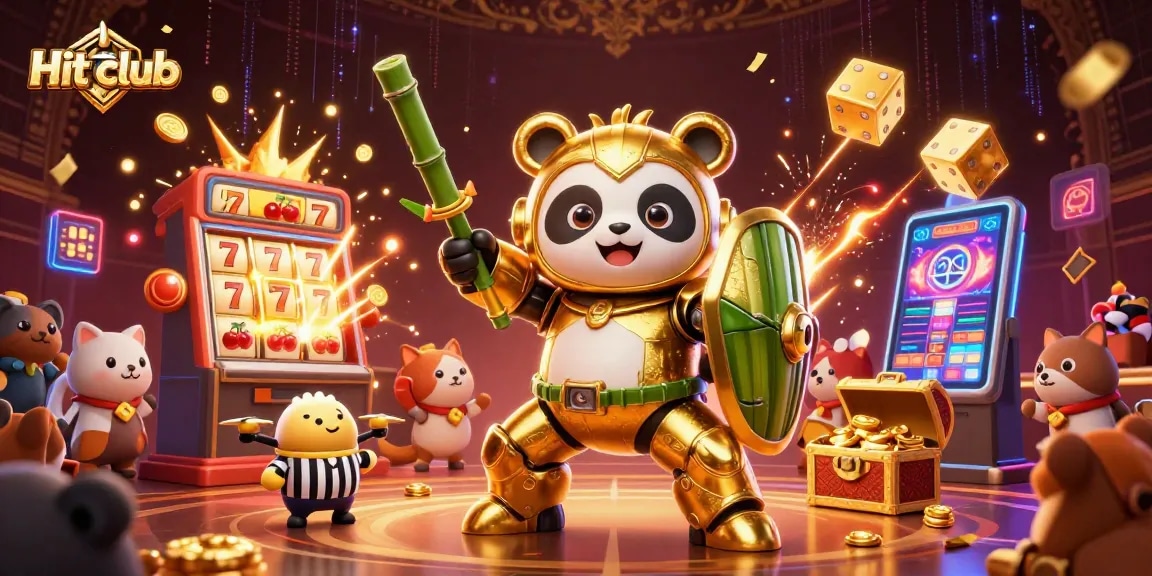 Experience Hit club with an exciting gameplay scene featuring a panda in a mech-suit among dynamic casino elements.