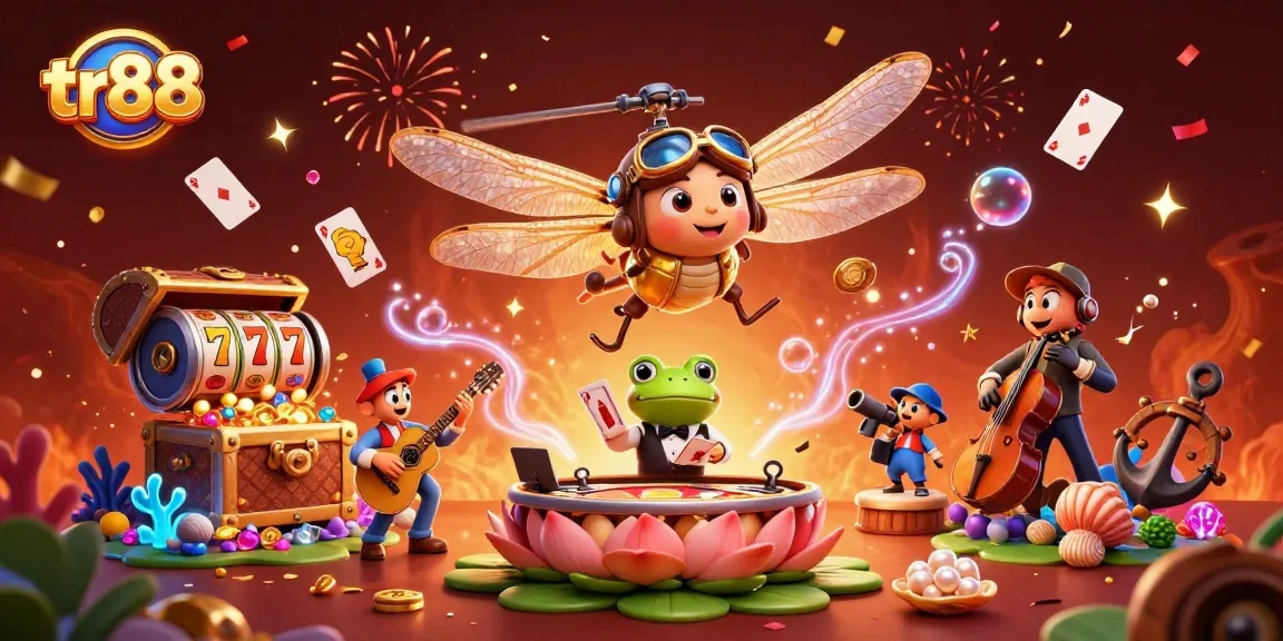 Engage with tr88 at an exciting lily pad casino where a frog croupier deals cards professionally.