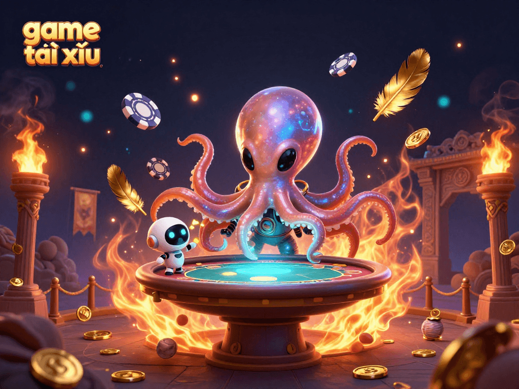 Engage with game tài xỉu excitement as an alien octopus spins holographic poker in a vibrant cosmic setting.