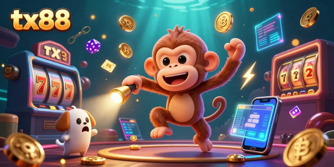 Experience thrilling gameplay at tx88 with a monkey juggling casino tokens and a ghost-hunter puppy observing