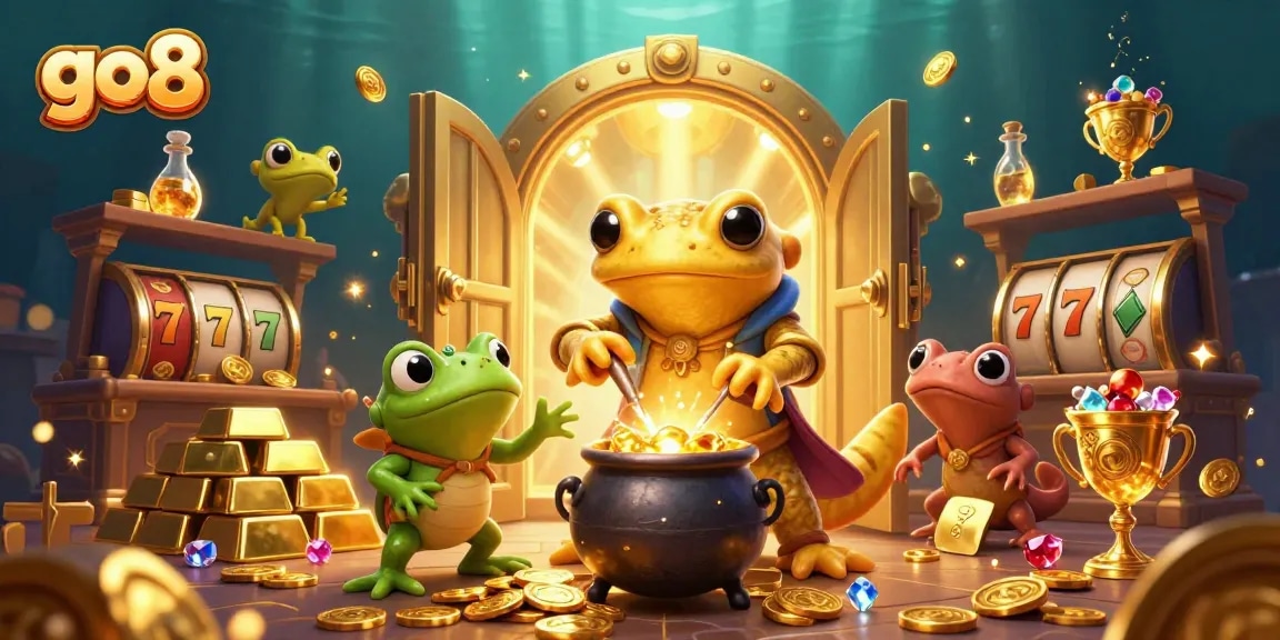 Engaging scene of the go8 casino: golden salamander alchemist with riches and slots