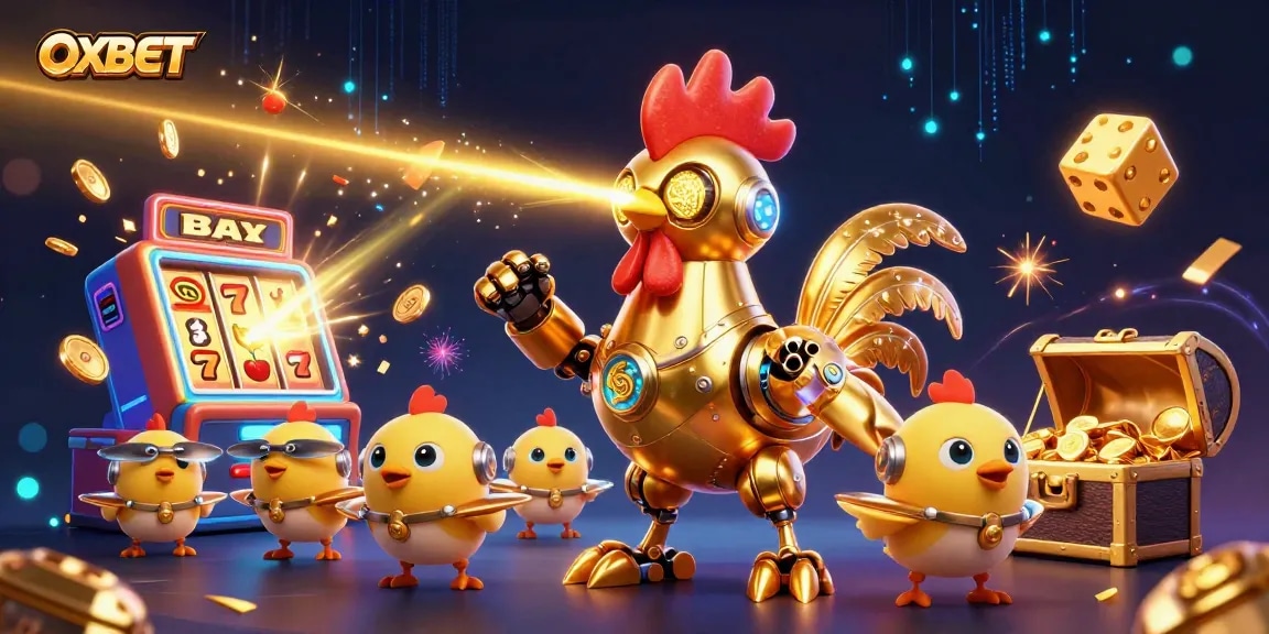 Watch the OXBET golden rooster robot transform casino excitement with vibrant 3D action.