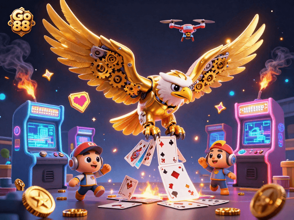 Experience the thrill of Go 88 with a dynamic 3D eagle diving through holographic cards, surrounded by vibrant gaming elements.