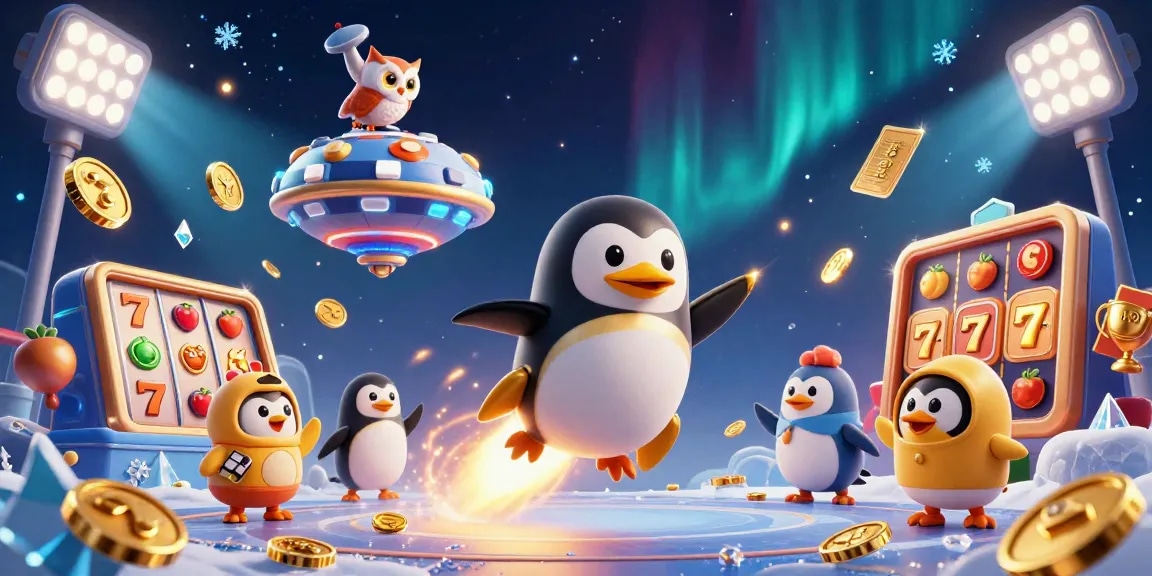 Engage in thrilling games at online casinos zonder cruks with captivating visuals of a golden penguin and casino elements.