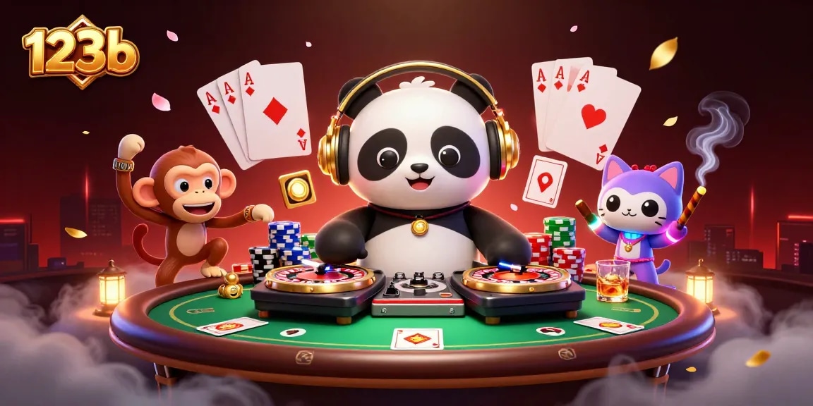 Engage in thrilling gameplay at 123b with a vibrant 3D illustration showcasing a DJ panda and festive gaming elements.
