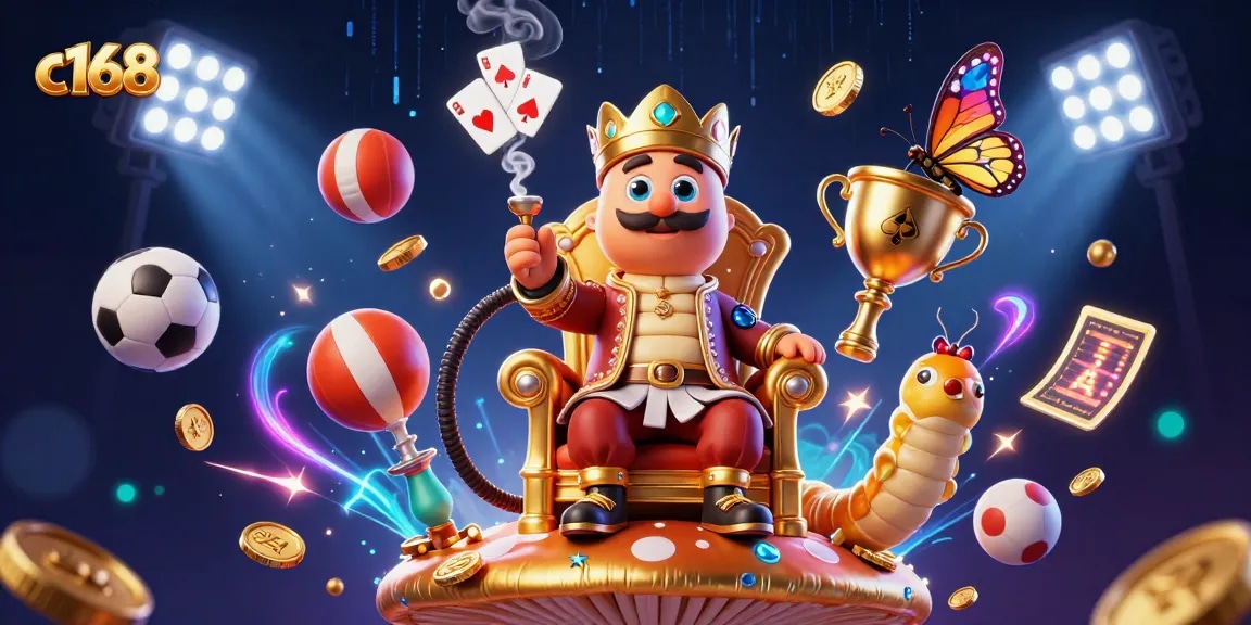 Experience thrilling gaming at c168 with a vibrant 3D casino illustration featuring a unique hookah-master.