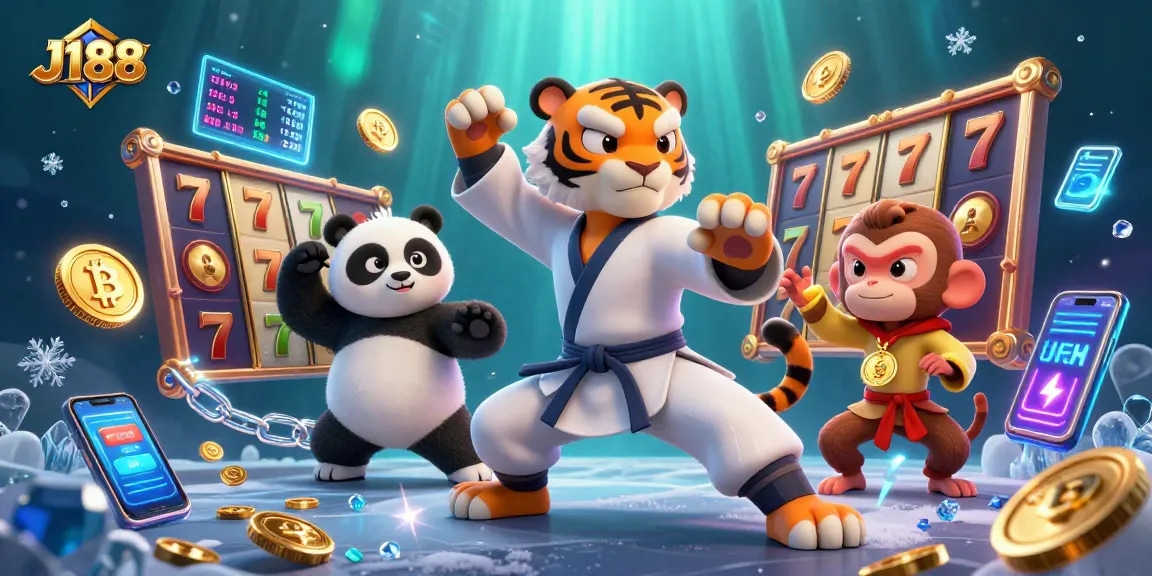 Engage in thrilling gaming at J188 with a kung fu master, panda, and playful monkey amidst vibrant slots and crypto symbols.