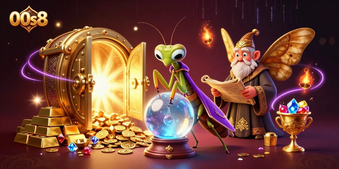 Engaging scene of 00s8 casino elements with fortune teller, moth librarian, and magical treasures.