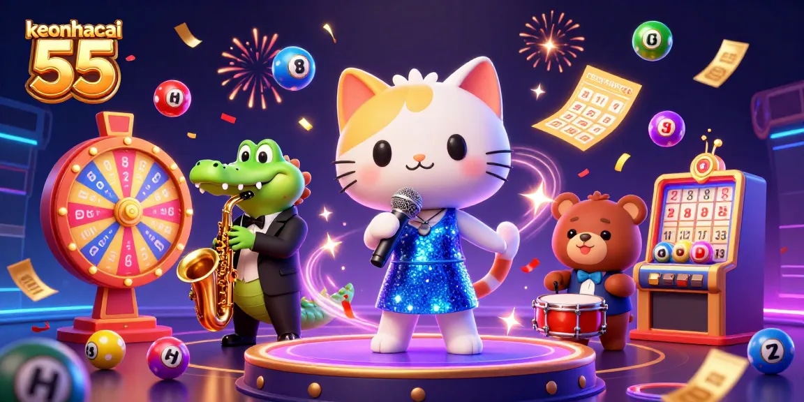Join the excitement of keonhacai 55 with a dynamic casino scene featuring lively characters and vibrant game elements.