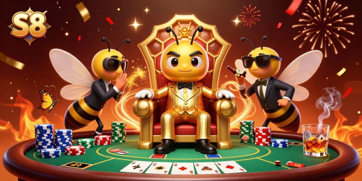 S8's vibrant casino scene showcases a bumblebee mob boss at a poker table, surrounded by exciting game elements.
