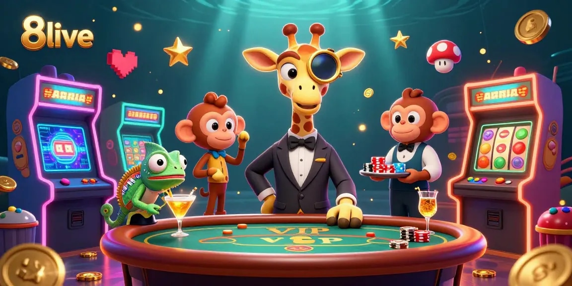 Engage with 8live's vibrant casino atmosphere filled with exciting game elements and character interactions.
