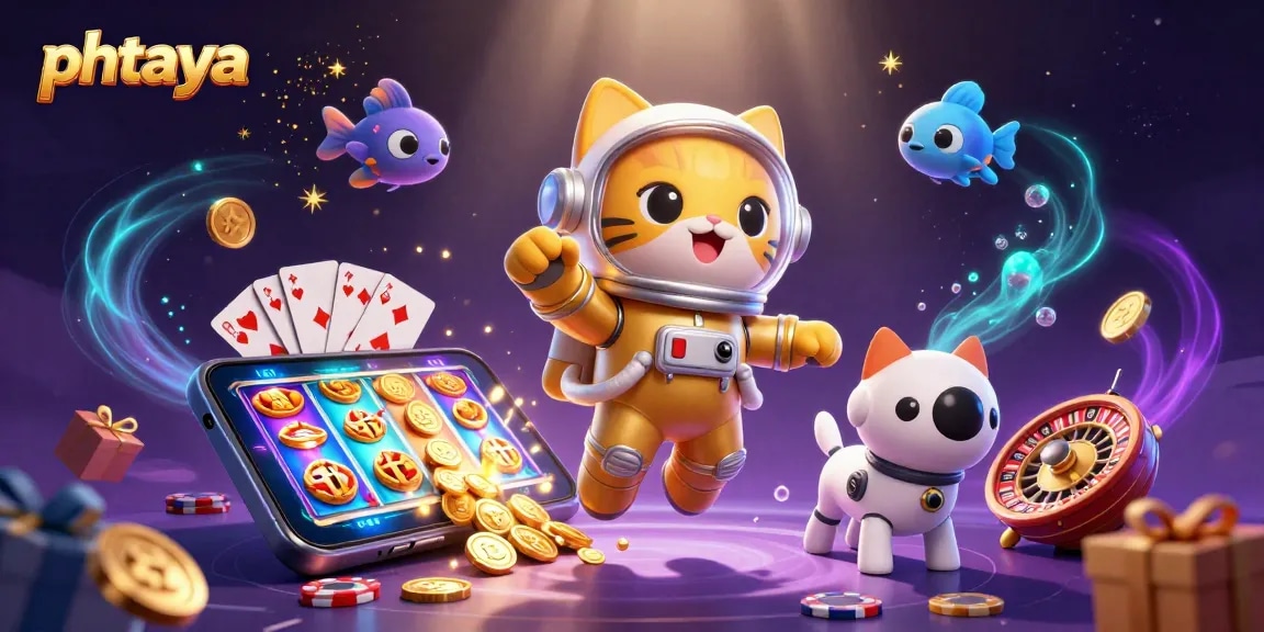 Phtaya's mascot, a golden astronaut cat, celebrating with games and bonuses in a vibrant casino scene.