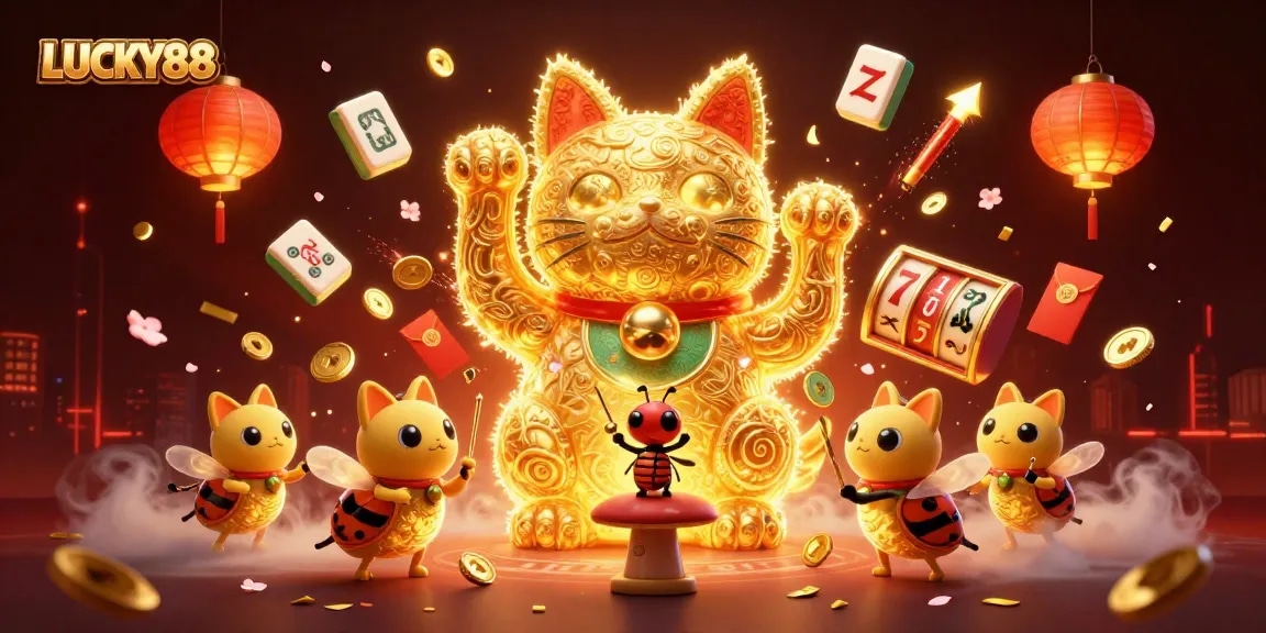 Engage with LUCKY88 symbols in this vibrant 3D illustration of a lucky cat and golden fireflies.