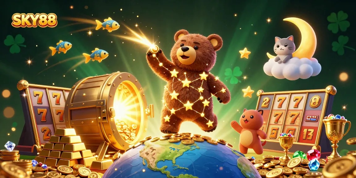 SKY88 offers an energetic casino scene featuring a constellation bear, coins, and a treasure vault.