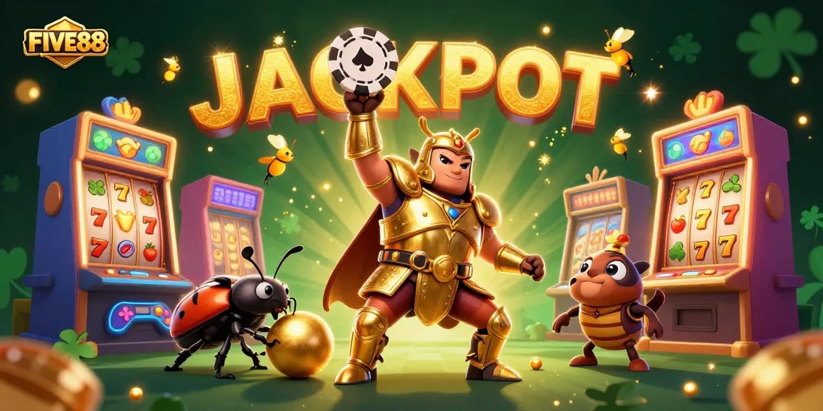 Experience the thrill of FIVE88 with a victorious beetle lifting a poker chip amidst dynamic slot elements.