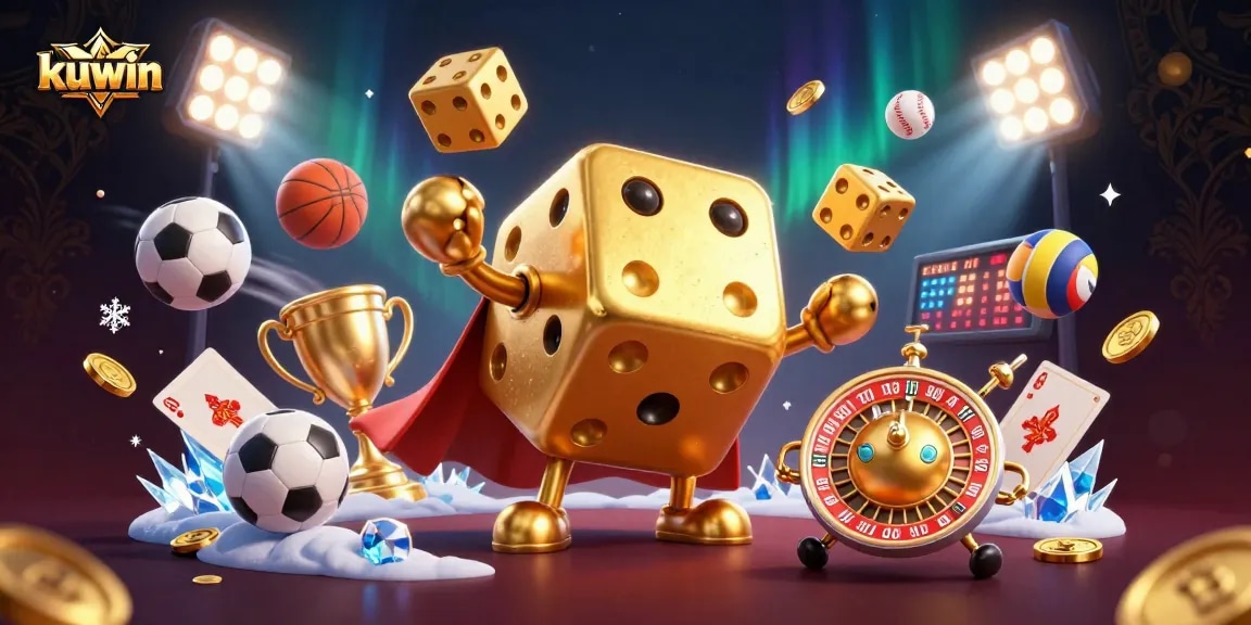 kuwin's dynamic scene showcases the golden dice golem juggling dice amidst vibrant casino elements
