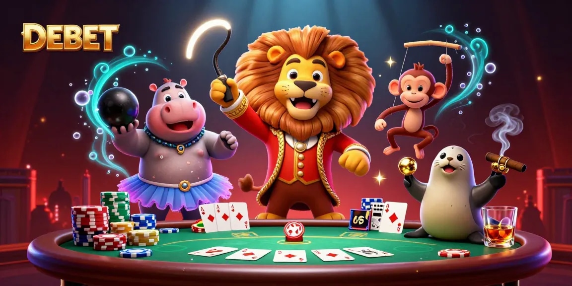 Engage with DEBET's vibrant 3D circus scene showcasing dynamic poker action and captivating characters.