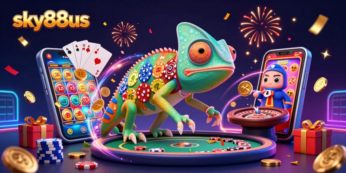 Engage with exciting gaming action at sky88us, featuring chameleon casino owner capturing golden coins amidst slot games.