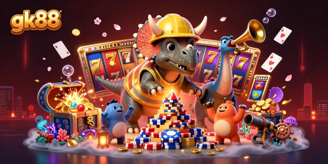 gk88 celebrates casino excitement with a vibrant scene of a triceratops building poker chip pyramids.
