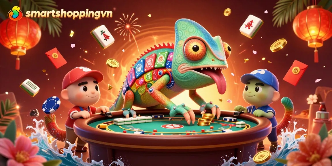 Engage in thrilling gameplay at smartshoppingvn with vibrant casino elements and a chameleon owner.