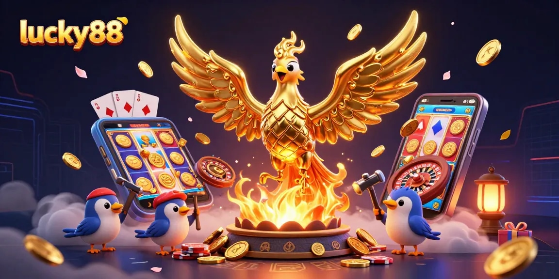 Engage in exciting gameplay with lucky88's golden phoenix and casino elements in this 3D illustration.